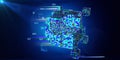 Abstract technology background with color grid of poly cube and spot on dark. Analytics algorithms data. Quantum cryptography Royalty Free Stock Photo