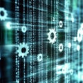 Abstract technology background with floating binary code and gear icons, symbolizing programming, automation, and digital Royalty Free Stock Photo