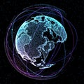 Abstract technology background with global communication orbits and high detailed globe. 3d illustration. Royalty Free Stock Photo