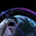 Abstract technology background with global communication orbits and high detailed globe. 3d illustration. Royalty Free Stock Photo