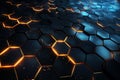 Abstract technology background with glowing hexagons. 3d rendering toned image, Futuristic High Tech Black background with a