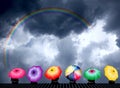 People sitting on the bank of the river. Colorful umbrellas with rainbow and clouds. vector illustration.