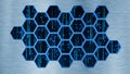 Abstract technology background with lines of binary code visible behind a mosaic of hexagons