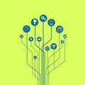 Abstract technology background with lines, circles and icons. Growth tree concept with mobile phone, technology, laptop