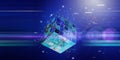 Abstract technology background with lines connecting dots of poly cube and blurred lines. Analytics algorithms data. Quantum