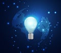 abstract technology business concept world digital link and light bulb on hi tech blue background Royalty Free Stock Photo