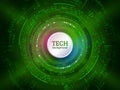 Abstract technology communication on the green background. Hi-tech radial circuit board with various technological elements. Royalty Free Stock Photo