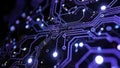 Abstract technology concept dark background with glowing purple computer circuitry showing nodes and data lines Royalty Free Stock Photo