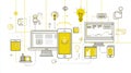 Abstract Technology Concept Featuring Devices and Lightbulbs Yellow and White Color Scheme Royalty Free Stock Photo