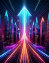 futuristic technology-driven growth, with vibrant digital arrows rising through geometric city business concept neon