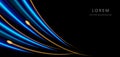 Abstract technology futuristic glowing neon blue and yellow curved light lines with speed motion moving on black background Royalty Free Stock Photo