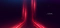 Abstract technology futuristic glowing neon red light lines with speed motion moving on dark blue background with lighting effect