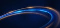 Abstract technology futuristic neon circle glowing blue and gold light lines with speed motion blur effect on dark blue Royalty Free Stock Photo