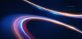 Abstract technology futuristic neon curved glowing blue and gold light lines with speed motion blur effect on dark blue Royalty Free Stock Photo