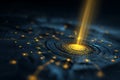 Futuristic technology network with golden light beam, high-tech circuit board and glowing connections Royalty Free Stock Photo