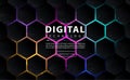 Digital technology polygon pattern black background, geometric cyber technology light, abstract tech, innovation future data Royalty Free Stock Photo