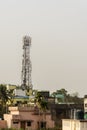 Abstract telecommunication tower Antenna and satellite dish at sunset sky background Royalty Free Stock Photo