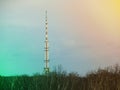 Abstract telecommunication tower Antenna and satellite dish at sunset sky background photo Royalty Free Stock Photo