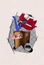 Abstract template graphics collage image of curious funny guy eyes looking open suitcase isolated grey color background Royalty Free Stock Photo