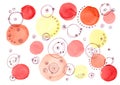 Abstract textural watercolor pattern of multicolored yellow orange red circles and contours Royalty Free Stock Photo