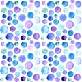 Abstract textural watercolor seamless pattern of multicolored blue green purple circles Royalty Free Stock Photo