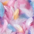 Abstract Texture colored fluffy bird feathers background. Soft and Light Pastel Tinted White Feathers Randomly Scattered to Form Royalty Free Stock Photo