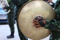 Close-up shot of military musicians holding golden cymbals, rhythmic instruments in marching band Royalty Free Stock Photo