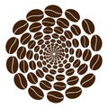 Abstract texture in the shape of a circle made of coffee beans of different sizes moving in a spiral Royalty Free Stock Photo
