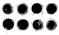Abstract textured black circles from brushstrokes set isolated on white background