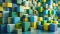 Abstract textured cube composition a vibrant array of green, yellow, and blue blocks forming a striking visual pattern. Generative Royalty Free Stock Photo