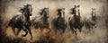 abstract textured drawing horses in wildlife shaded oil painting for Interior Murals Wall Art DÃ©cor.