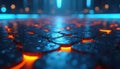 Abstract textured surface with glowing orange core beneath dark blue hexagonal shapes. Light glows intensely from gaps creating a Royalty Free Stock Photo