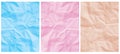 3 Abstract Textured Vector Layouts. Blue, Pink and Salmon Pink Crumpled Paper Layers.