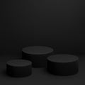 Abstract three black round podiums for cosmetic products, mockup on black background, square.