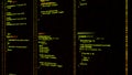 Abstract three columns with coding programs on black background, seamless loop. Animation. Concept of computer language Royalty Free Stock Photo