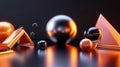 Abstract three-dimensional rendering of metal balls and geometric shapes with Royalty Free Stock Photo