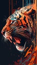 Abstract tiger head portrait, tiger grin, furious tiger from multicolored dripping paints