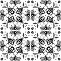 Abstract tile ornament. Black silhouette on a white background - beetles, insects, nature. Seamless pattern. Royalty Free Stock Photo