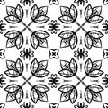 Abstract tile ornament. Black silhouette on a white background - floral, geometric flower, nature. Seamless pattern. Royalty Free Stock Photo