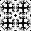 Abstract tile ornament. Black silhouette on a white background - trees and birds, nature. Seamless pattern. Royalty Free Stock Photo