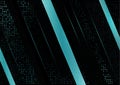Abstract tilted stripes, halftone squares on a black background. Blue gradient, small particles. Universal template for cover