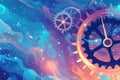 Abstract time concept with clocks, gears, and digital elements. Royalty Free Stock Photo