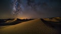 Abstract time lapse night sky with shooting stars over desert dune landscape. Milky way glowing lights background. Royalty Free Stock Photo