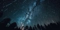 Abstract time lapse night sky with shooting stars over forest landscape. Milky way glowing lights background. Royalty Free Stock Photo