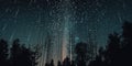 Abstract time lapse night sky with shooting stars over forest landscape. Milky way glowing lights background. Royalty Free Stock Photo