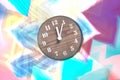 Abstract time passing concept of wood clock background with colorfulpink,yellow,blue,purple,cyan waves