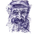 Abstract old man portrait closeup. Hand drawn sketch with ballpoint pen on paper texture. Isolated on white. Bitmap