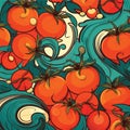 Abstract Tomato Pattern with Leaves: Colorful Vector Illustration