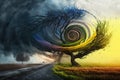 Abstract tornado cyclone in the trees. Winter swirling into spring. Chaotic season change storm. Royalty Free Stock Photo