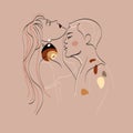 Abstract touch of man and woman Art line vector drawing.Loving couple kissing, hand drawing in Modern style